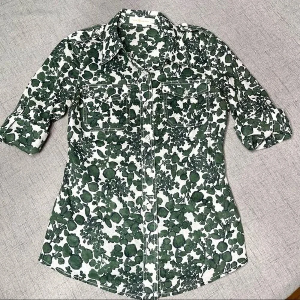 Tory Burch Issy Vine Leaf Print Button Down Shirt Utility Roll Tab 2 XS